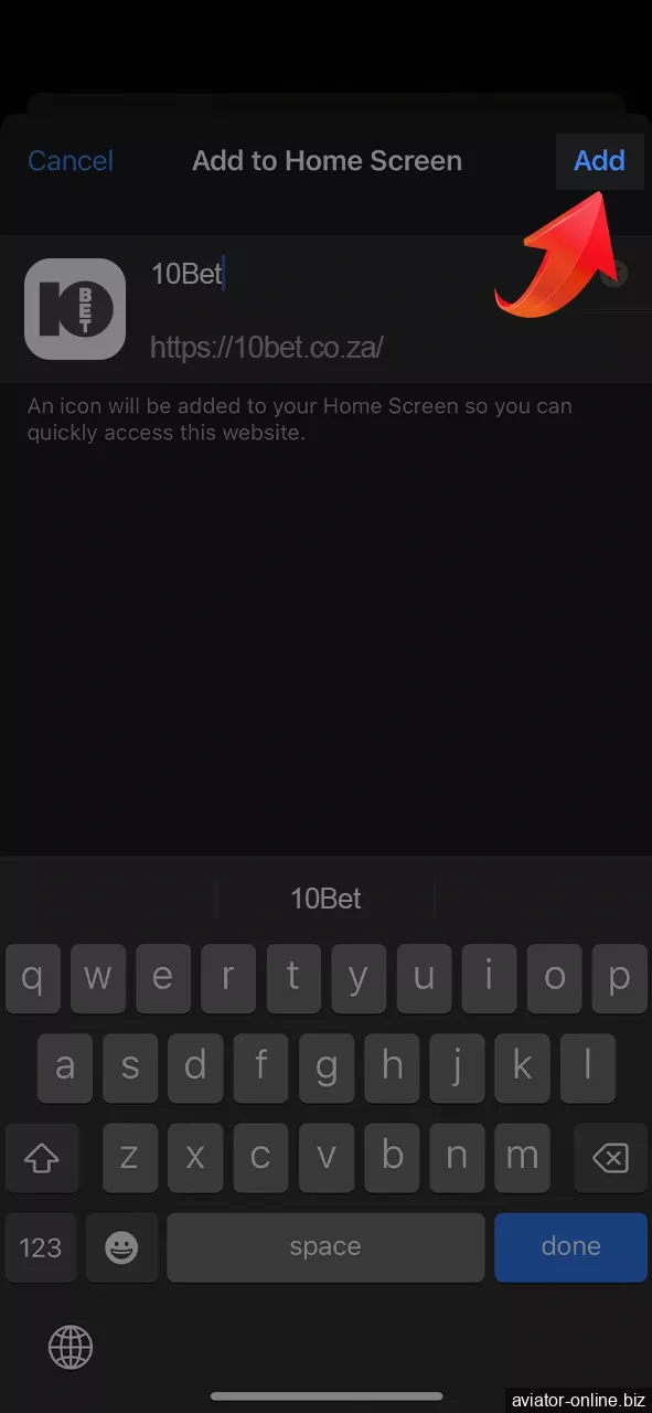 Enter the name of the 10Bet app shortcut and click the button.