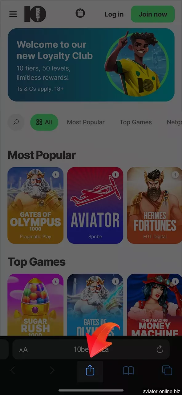 Look for the share button at the bottom of your device screen to start downloading the 10Bet app.
