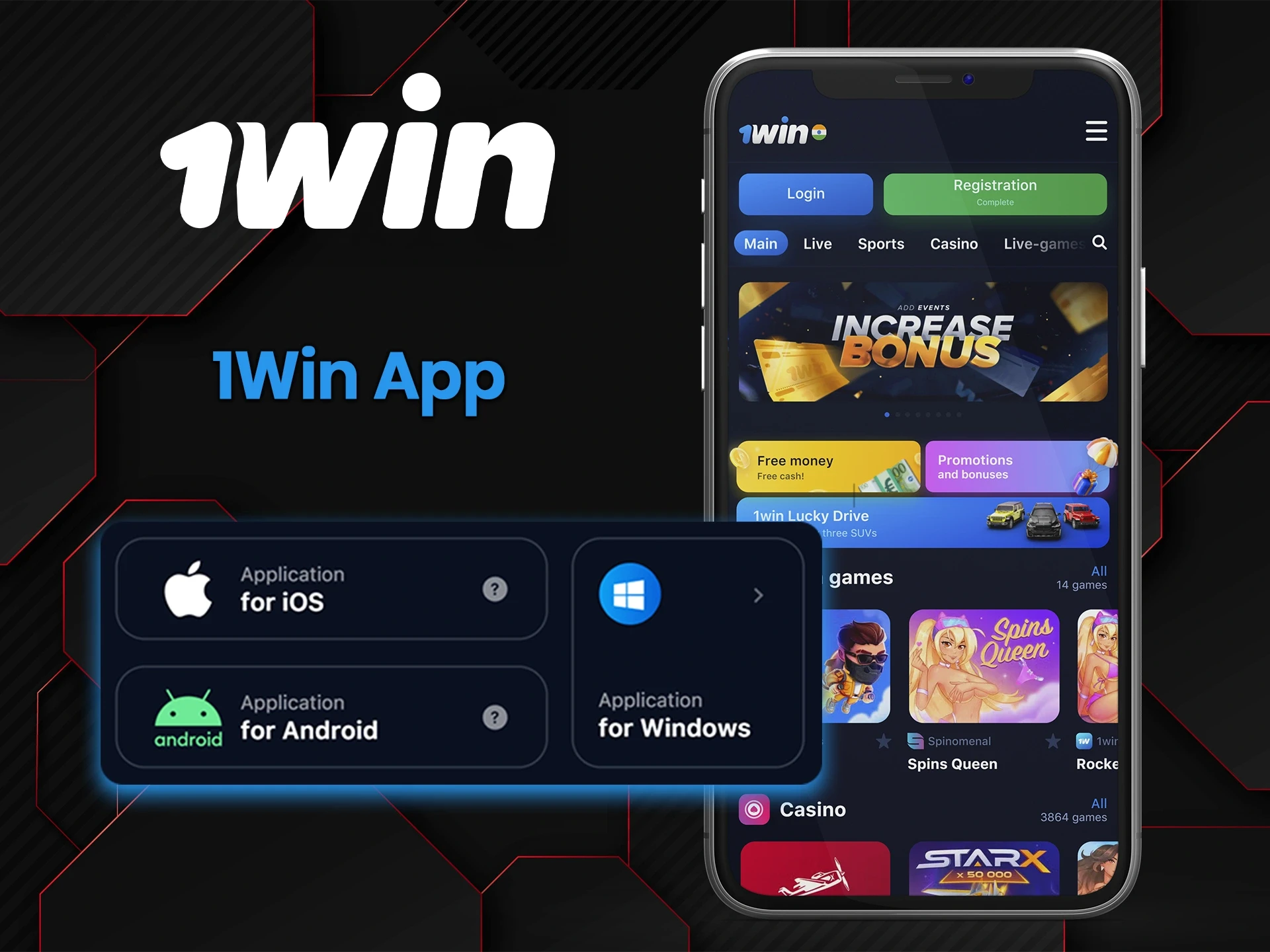 Install the 1Win app for iOS, Android, or PC.