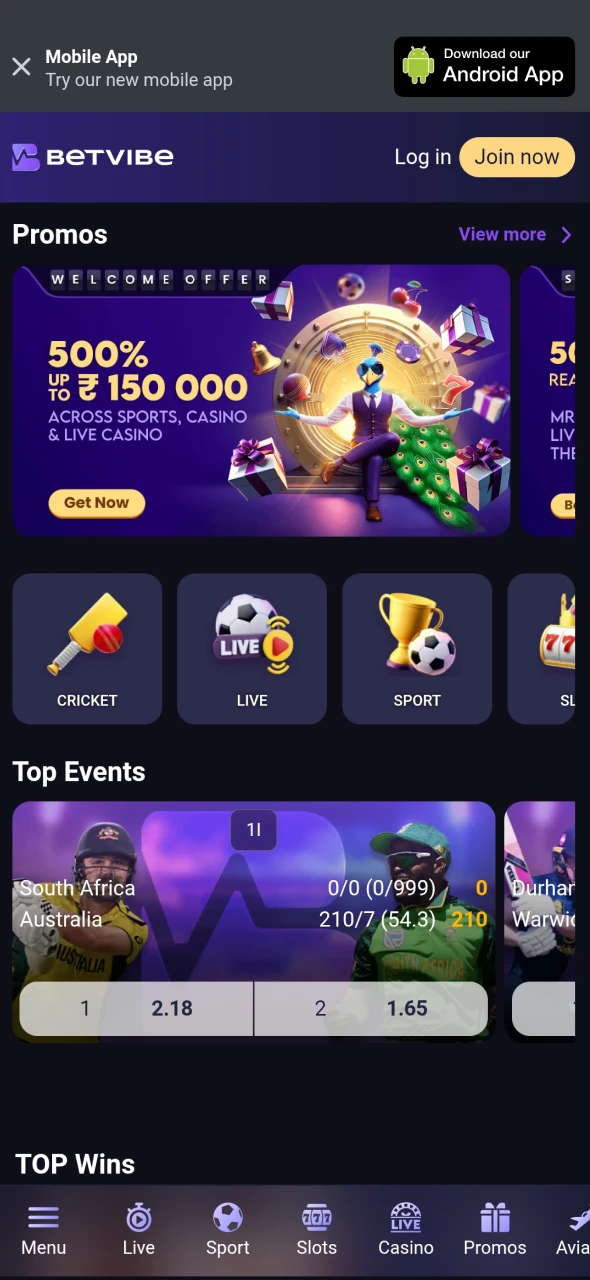 Click the download button for the Betvibe app for Android.
