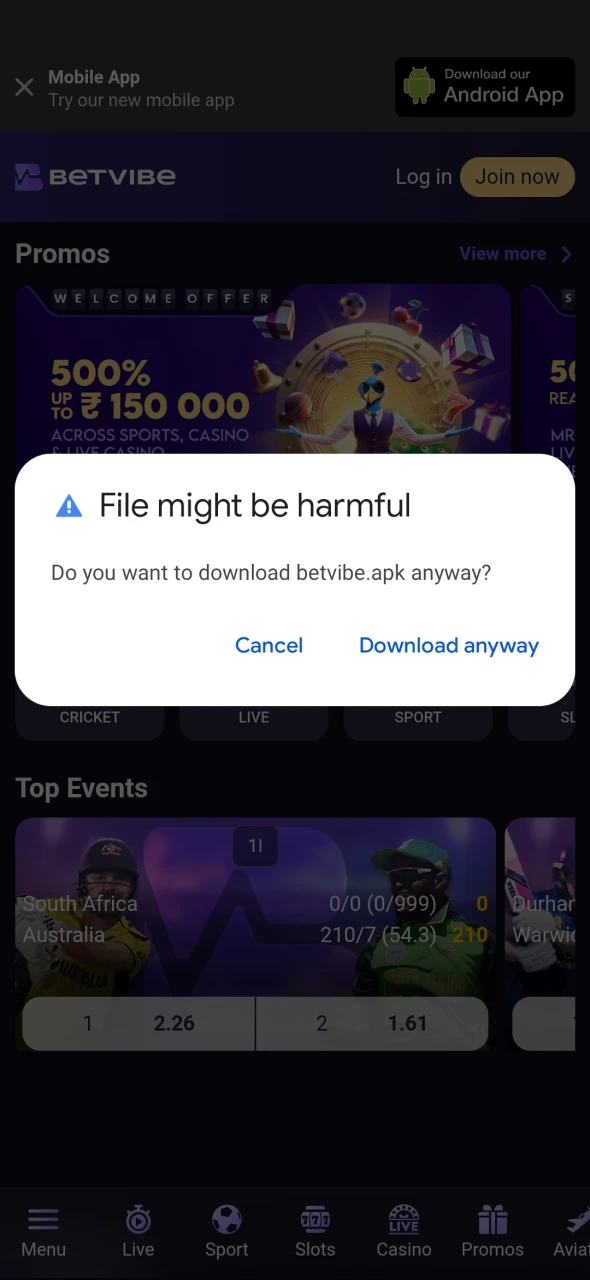 Download Betvibe app for Android.