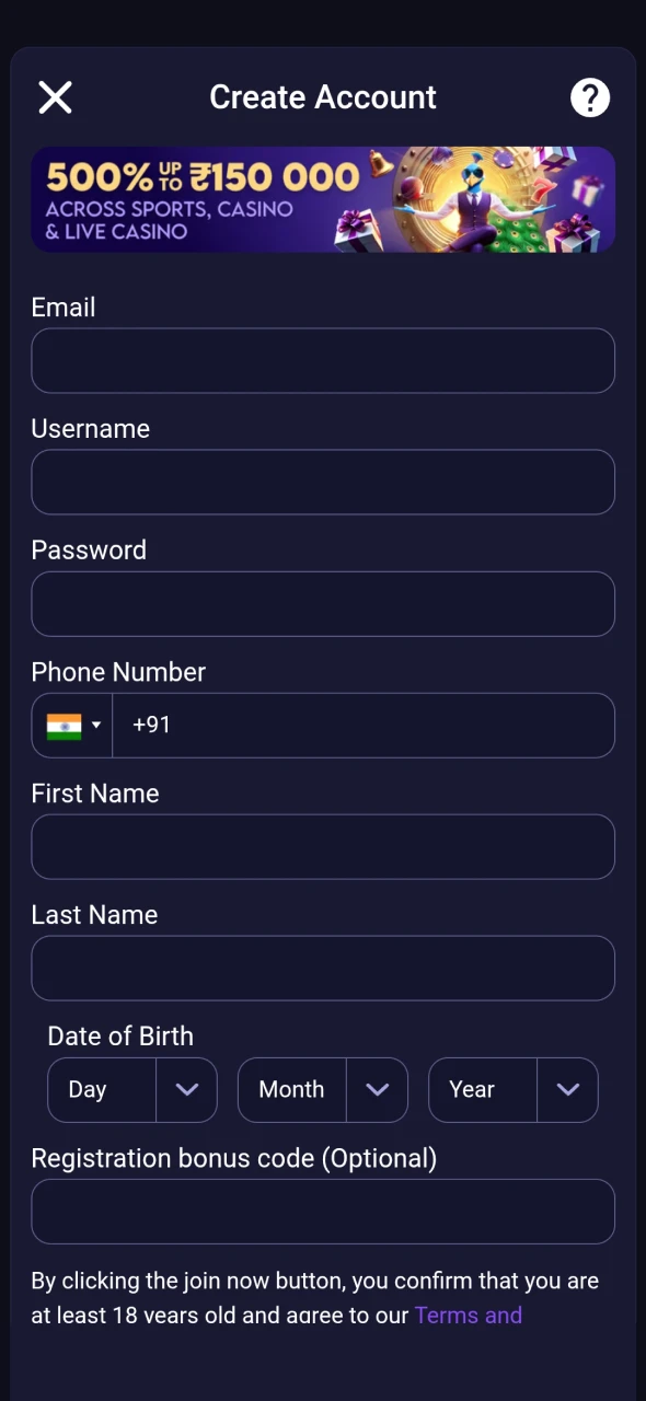 Now you can register in the Betvibe app on Android.