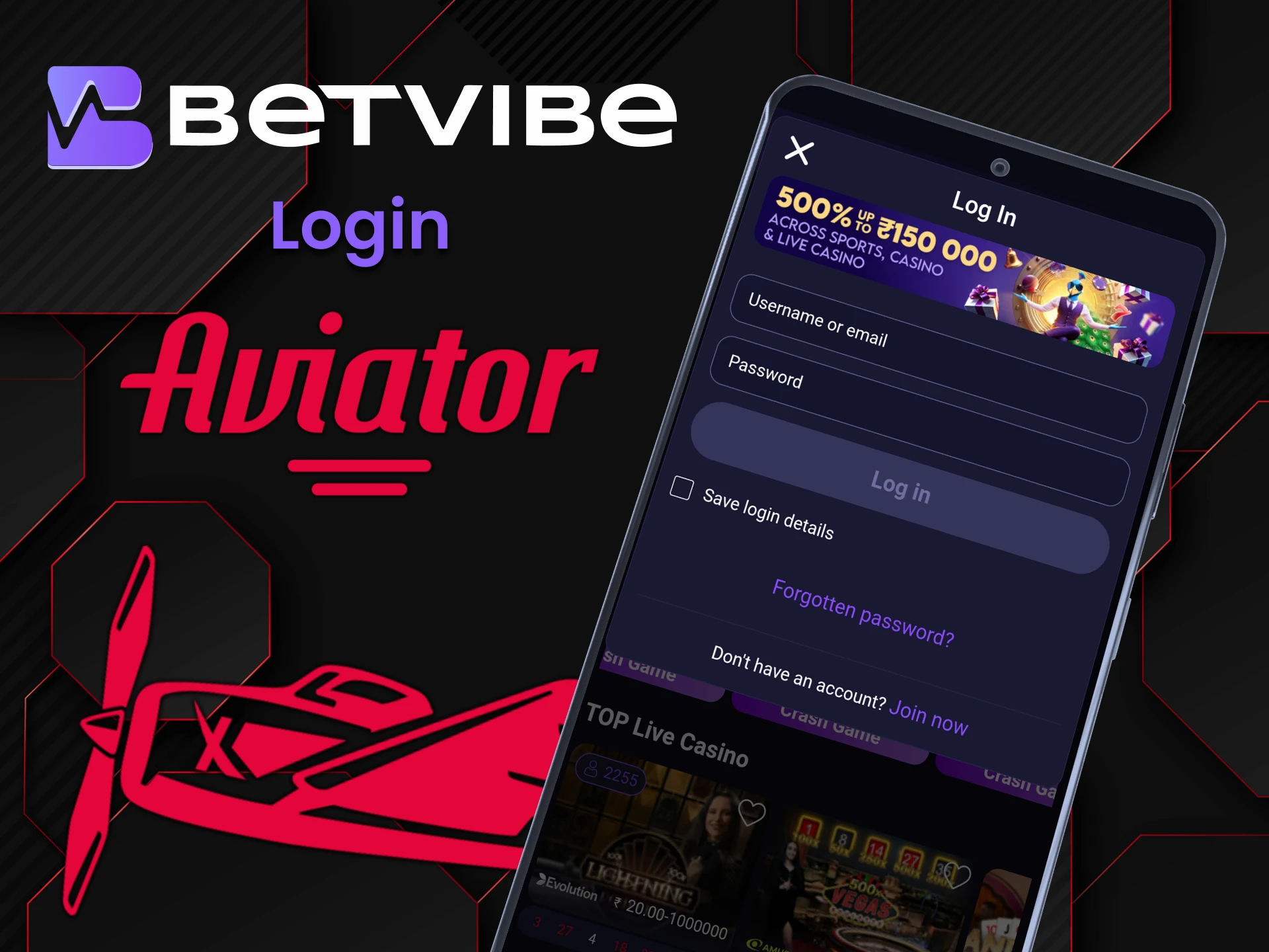 Log in to your personal Betvibe app account to play Aviator.