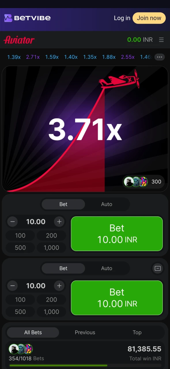 Launch the Aviator game in the Betvibe app.