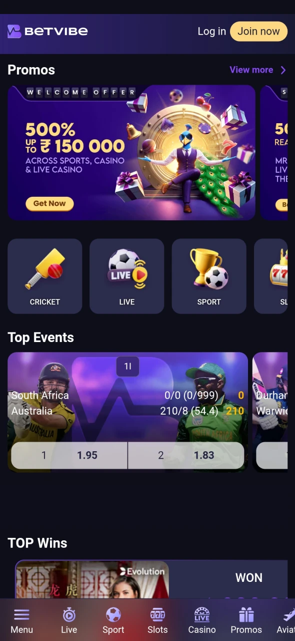 Go to the main page of the Betvibe application.
