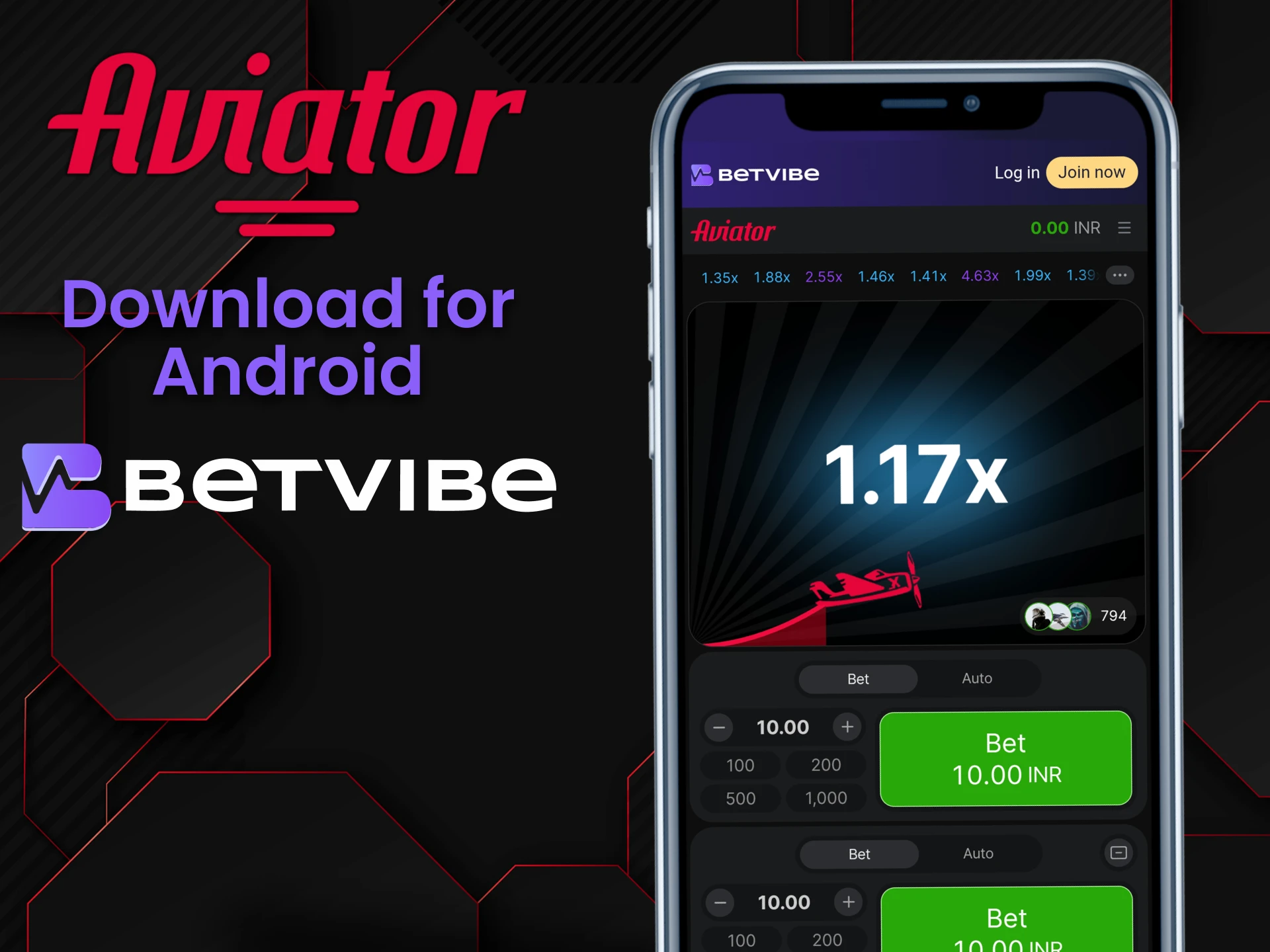 Install the Betvibe app to play Aviator on Android.