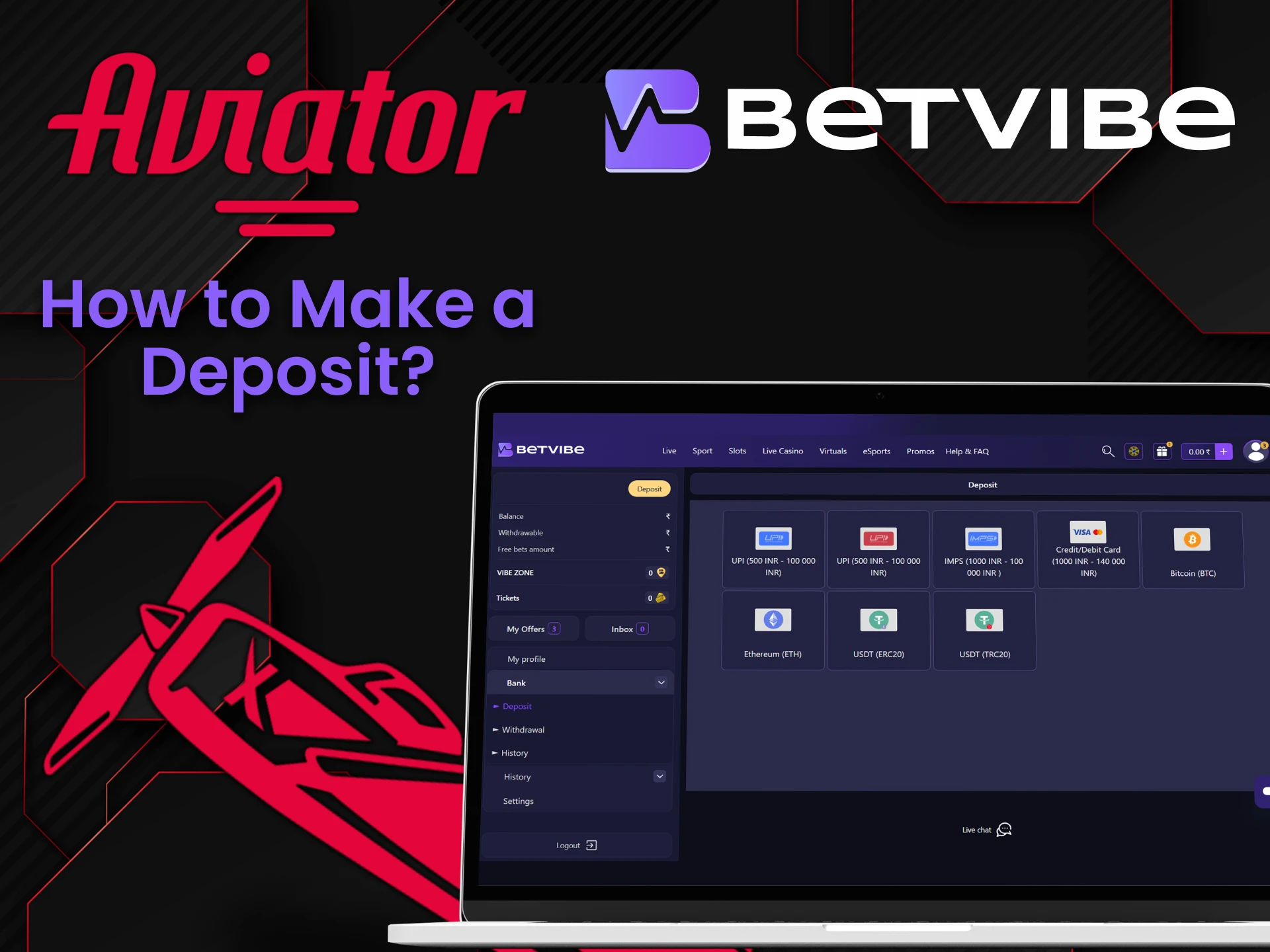 Top up your account for the Aviator game in a convenient way on the Betvibe website.