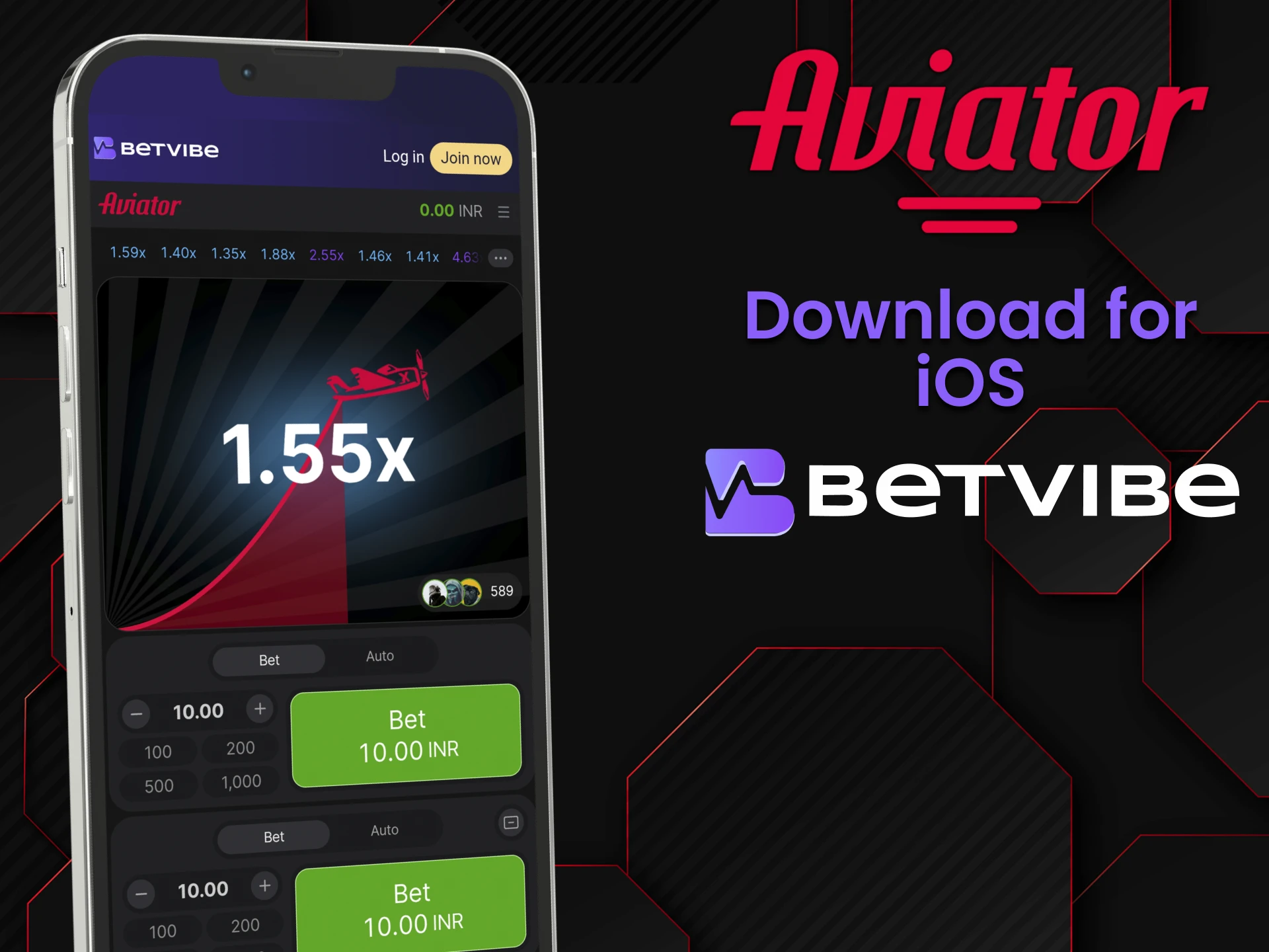Install the Betvibe app to play Aviator on iOS.
