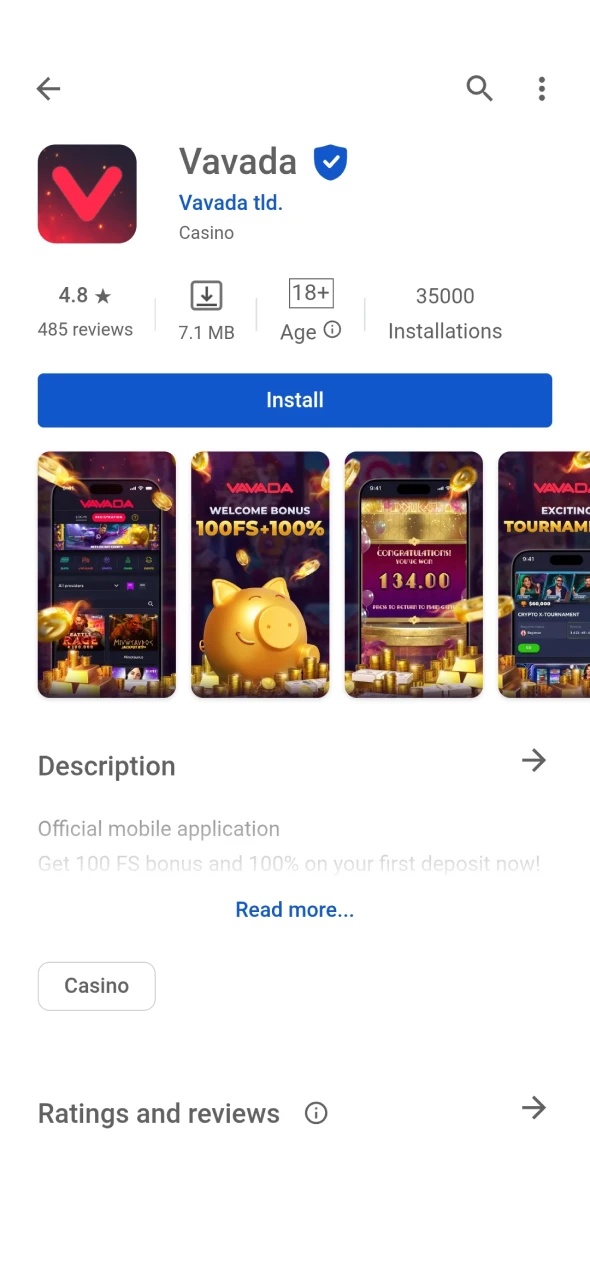 Install the Vavada application for Android.