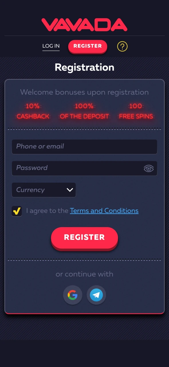 Visit the registration page for the Vavada application.