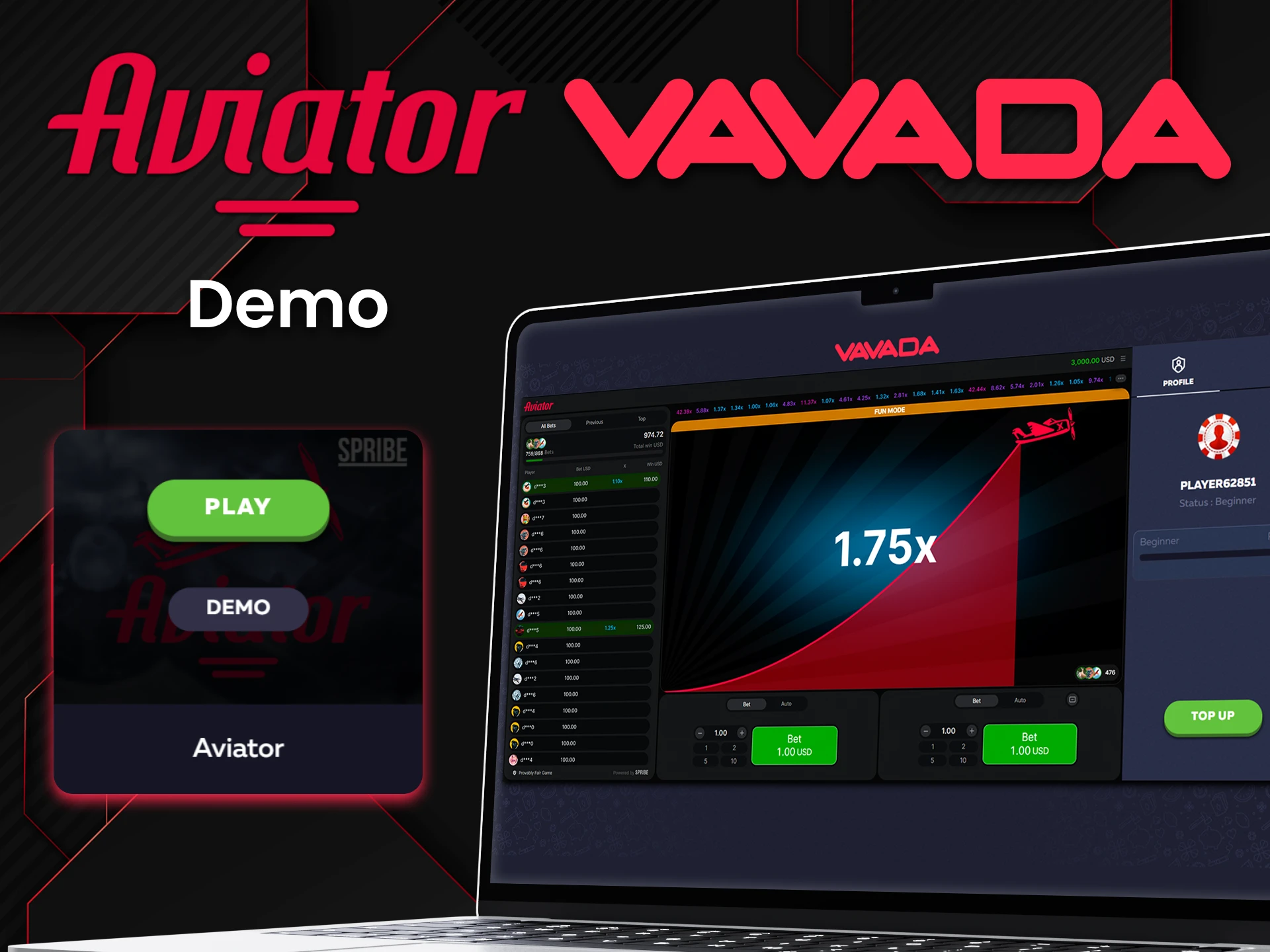 Practice in the demo version of the game Aviator from Vavada.