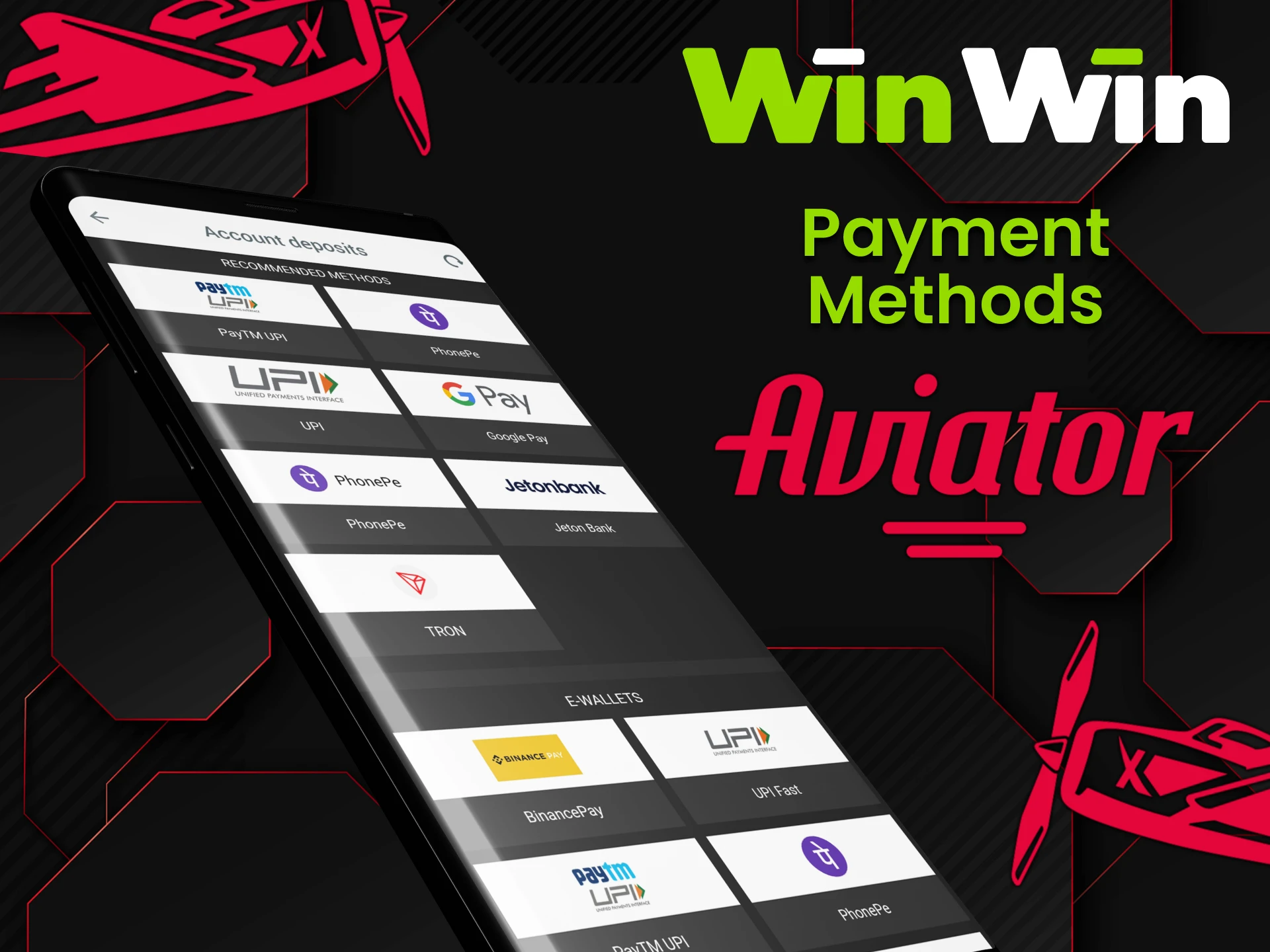 The WinWin app has many ways to top up your deposit for the Aviator game.